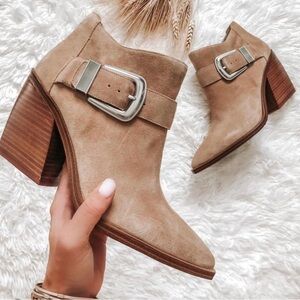 Vince Camuto Beige Ankle Booties with Metallic Buckle